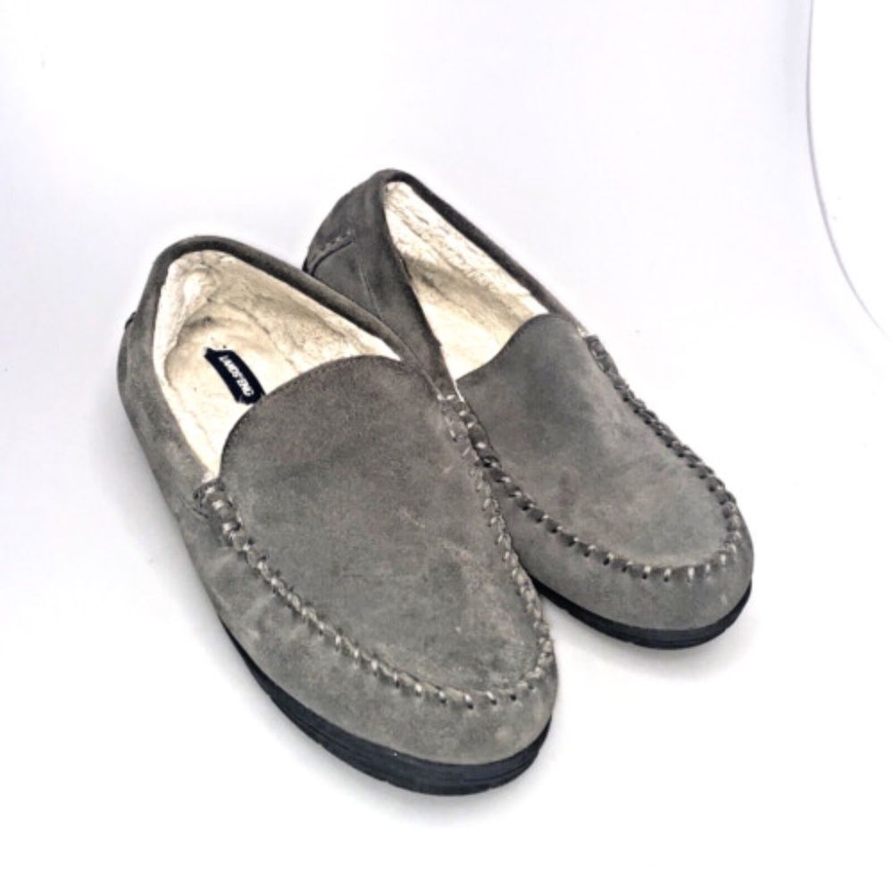 Lands' End Mens 11 B Moccasin Slippers Gray Suede Leather Fleece Lined